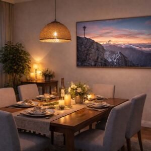 Fotokunst Zugspitzgipfel als Wandbild in einem modern eingerichteten Esszimmer